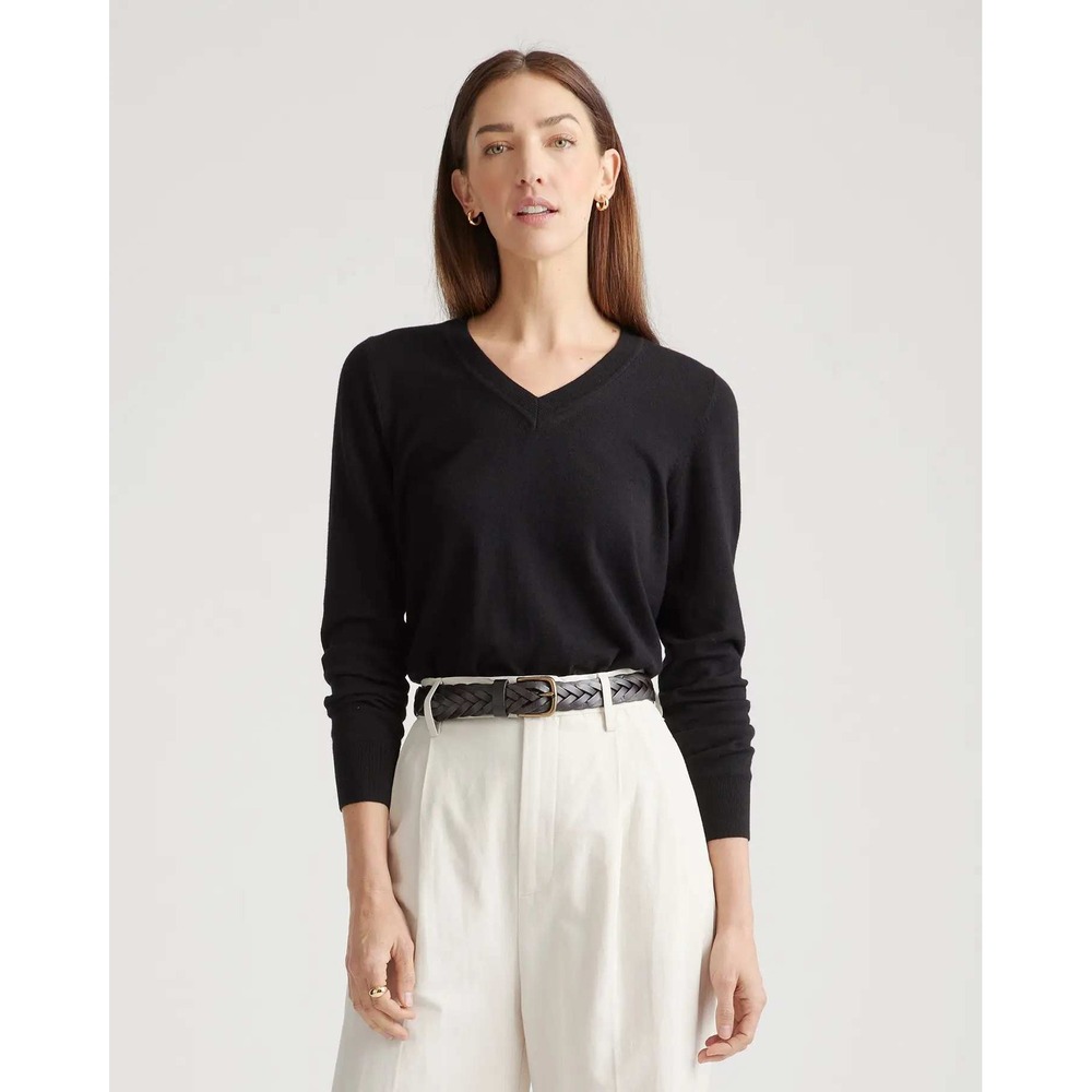 Quince Womens Cotton Cashmere Lightweight V-Neck Sweater Black Small NWT